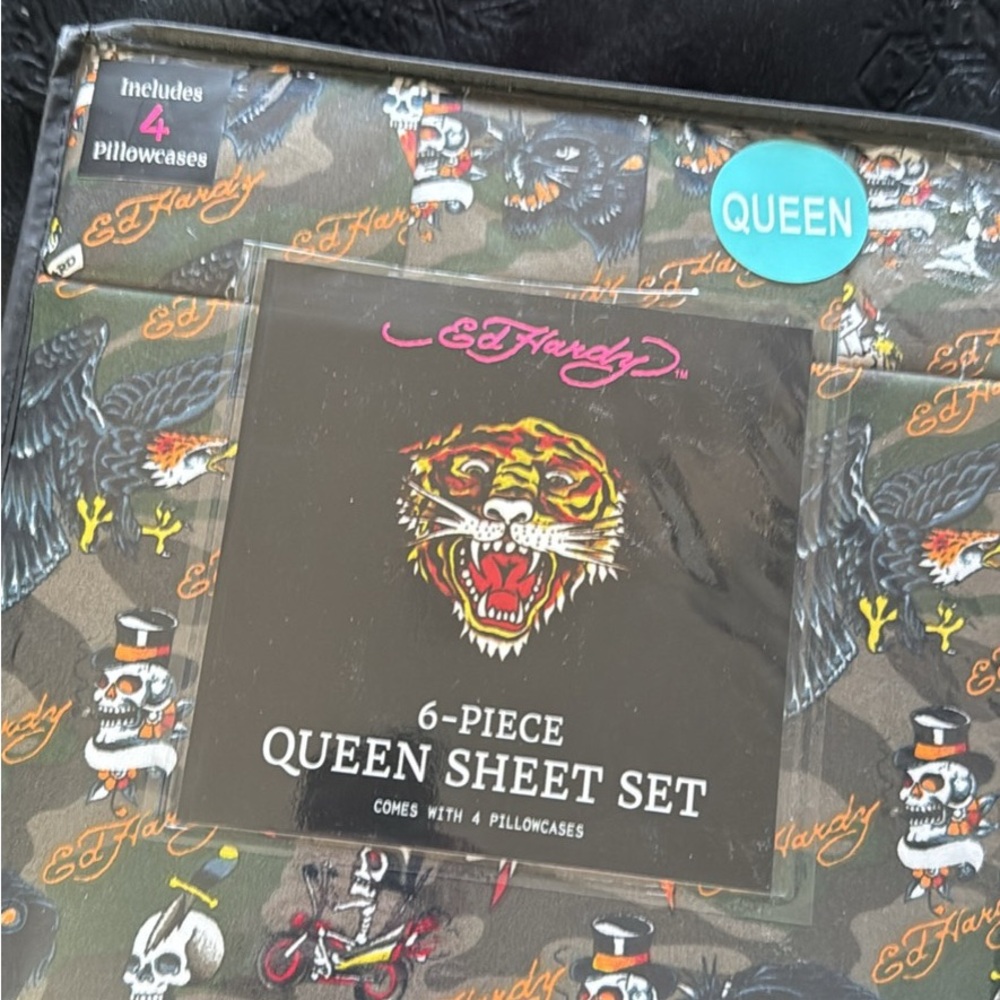 Ed Hardy Camouflage Queen Sheet Set with Eagle and Skull Design